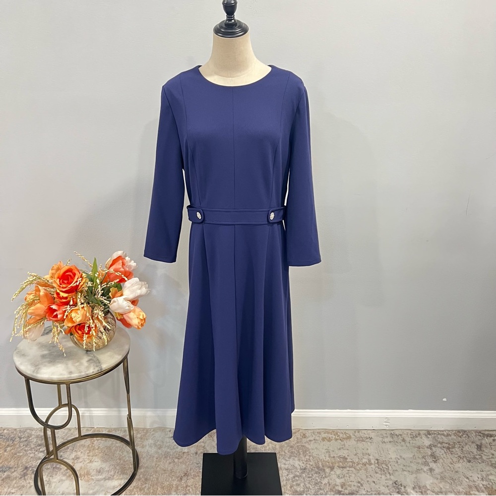 London Times Navy Blue Classic Knee Length Dress With Crystal Accent Size 12